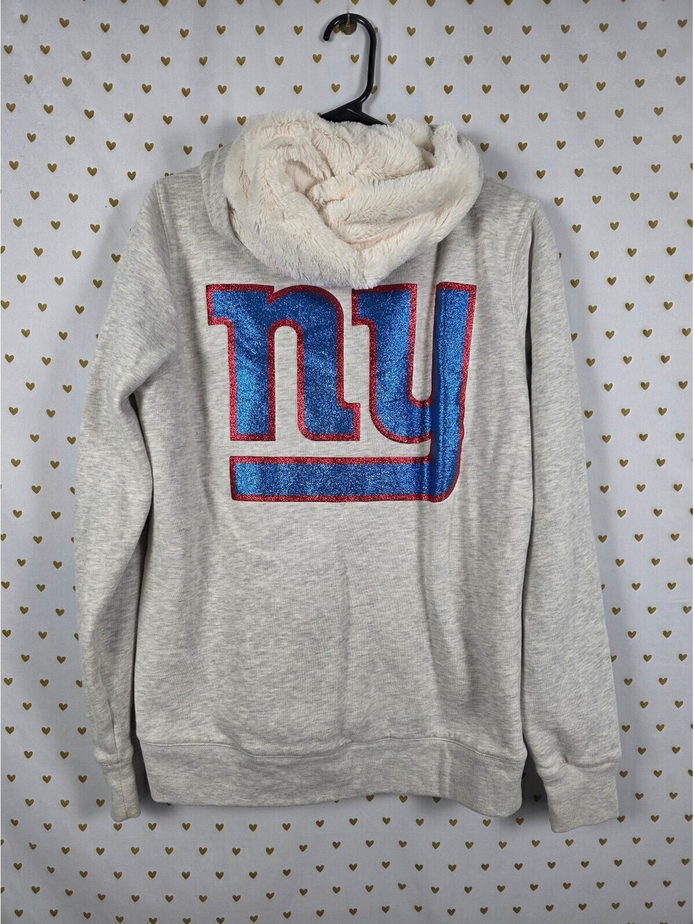 Victoria's Secret PINK NY Giants NFL BLING Faux Fur Lined Hoodie Large Glitter